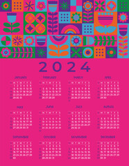 Modern annual calendar 2024 Minimalistic abstract geometric colorful pattern. Vector vertical template for 12 months in English. Week starts on Sunday. Stationery, printing, organizer, decor.