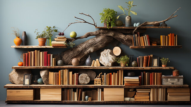 minimalist shelf on recycled wood wall with ecology books, embracing sustainability, Generative AI