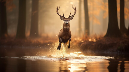 A stunning photograph capturing the breathtaking leap of a Noble Deer 