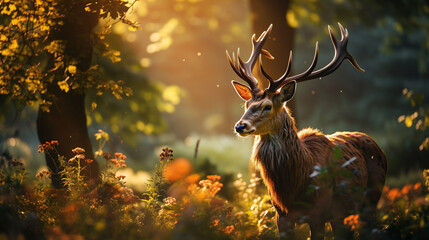 A serene portrayal of a Noble Deer grazing peacefully in a sun-kissed meadow 