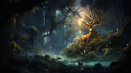 Fototapeta na wymiar An enchanting illustration of a Noble Deer in a magical forest, surrounded by fairytale creatures 