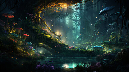 An enchanting illustration of a Noble Deer in a magical forest, surrounded by fairytale creatures 