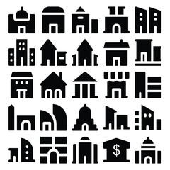 Set of Buildings Bold Line Icons


