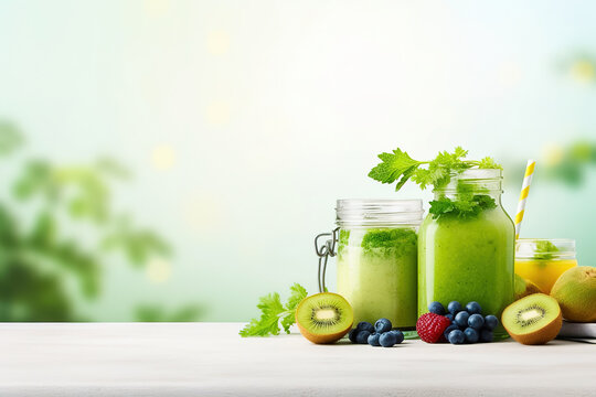 Glass jar filled with green spinach and kale smoothie for healthy nutrition.