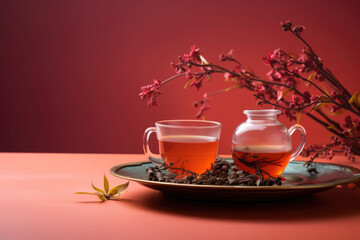 Fototapeta premium Cup of tea and teapot with sakura branch on pastel background. Tea composition. Generative AI