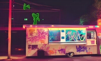 Neon food truck covered in graffiti - Generative AI Illustration