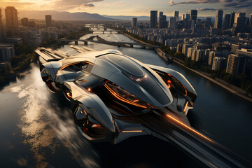 Futuristic transportation. 3D rendering of a futuristic city with a lot of futuristic cars