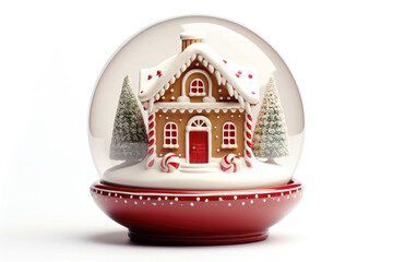 Christmas snow globe with gingerbread house inside on white background. AI generated
