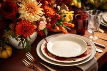 Fall table setting for celebration Thanksgiving or Friendsgiving day, family party. AI generated