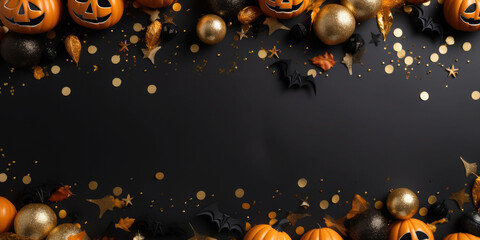 Halloween flat lay composition with pumpkins, bats, spiders, web on black background. Top view. AI generated