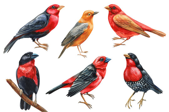 Set birds on isolated white background, Watercolor Hand drawn realistic bird. Australia bird
