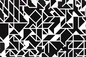 black and white geometric forms in an abstract style, fragmented planes, repeating pattern, intricate minimalism