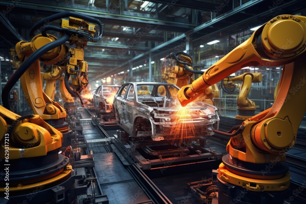 Fototapete robotic arm for electronic assembly line. smart modern factory automation using advanced machines.