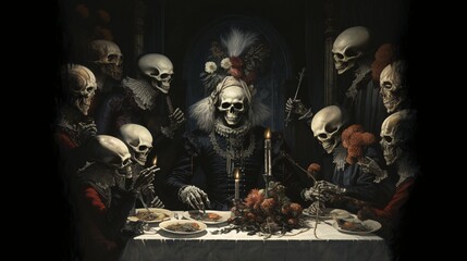 Bony Banquet: Macabre Skeletons Dine in Haunting Ambiance at the Table
