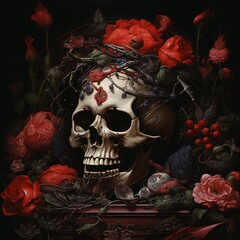 Naklejka premium Bleeding Petals: A Mysterious Composition of Skulls and Bright Red Flowers.