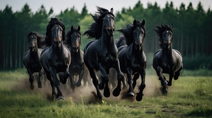 Herd of Friesian black horses galloping in the grass