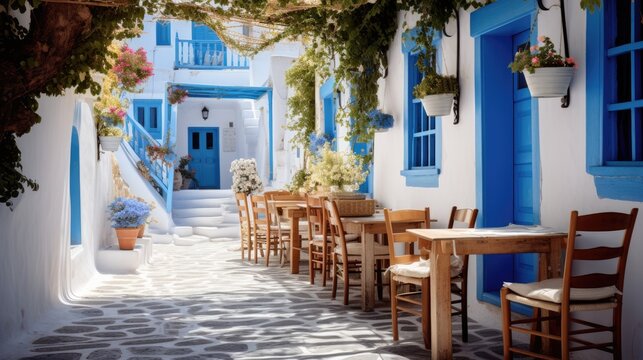 Fototapeta Greek culture with traditional white and blue greek architecture, taverna