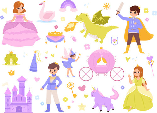 Magic princess world, knights and castle. Princesses and fairy lady with wand, wonder unicorn and prince frog. Kids fantasy snugly vector clipart