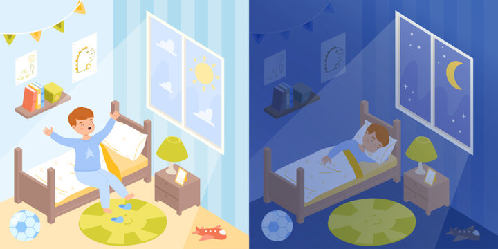Sleep and wake up boy in bedroom. Kid at early morning, sweet dreams at night. Daily schedule, child healthy sleeping and rest snugly cartoon vector scene