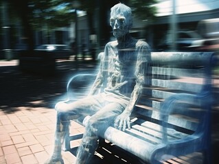 Fototapeta na wymiar Haunting City Bench: A Ghoul or Ghost Captured in Blurry Vintage Camcorder Footage, Eerie VHS Charm Unleashed.