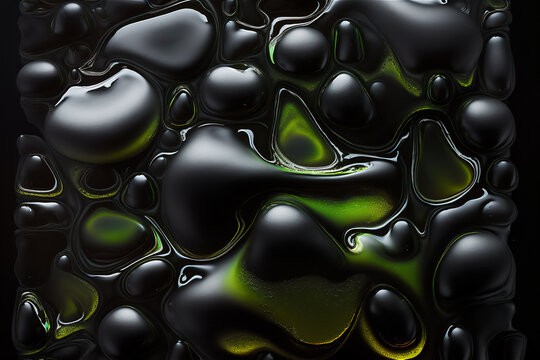 macrography of black drops with green light reflection, radioactive style