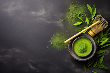 Matcha green tea powder and whisk, on a black background with place for text.