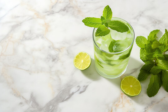Chilled drink with mint and lime.
