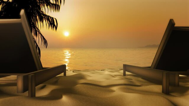 Tropical summer 3D illustration sand beach concept, with deck chairs, umbrella and a beautiful golden hour sun. A Summer holidays background video loop for resorts, products, or travel packages