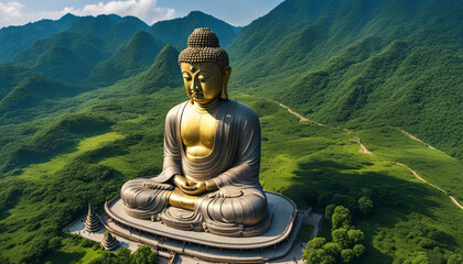 A huge Buddha statue, beside the mountain, is surrounded by dense pure Viridiplantae. Aerial view