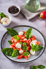Delicious caprese salad with ripe tomatoes, mozzarella cheese and basil on a plate vertical view
