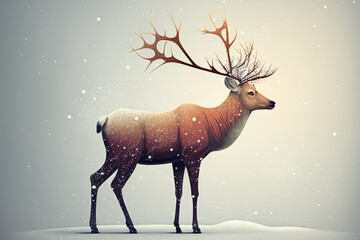A reindeer on the snow while it is snowing. Generative AI.