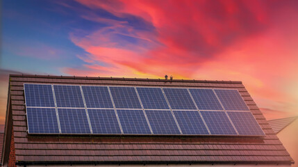 Solar panels producing clean energy on a roof of a residential house during sunset in Milton Keynes, England