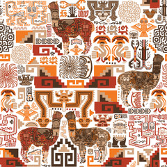 Animals, birds, geometric and abstract patterns in Peruvian style. Seamless pattern on a white background. - 629319053