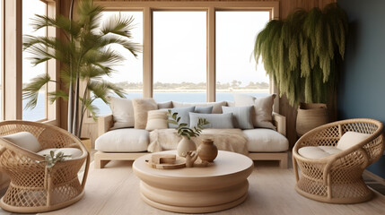 Obraz premium Living room decor, home interior design . Bohemian Coastal style with Large Window decorated with Rattan and Wood material . G26.