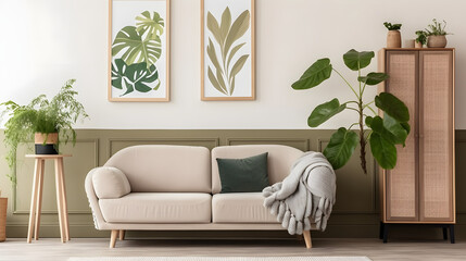 Living room interior with mock up poster frame, beige sofa, wooden consola, rattan sideboard, plants in flowerpots, glass vase with leaves and personal accessories. Home decor. Template.