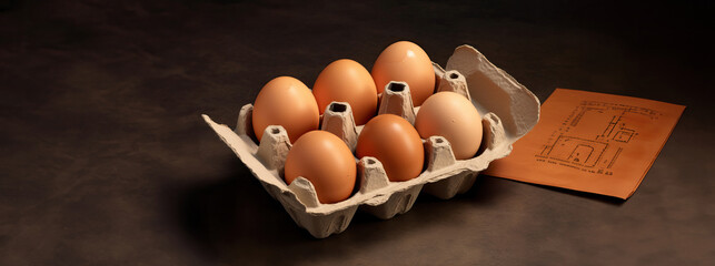 cardboard package container of fresh brown eggs on rustic wooden table as wide banner design with copyspace area - Generative AI - Powered by Adobe