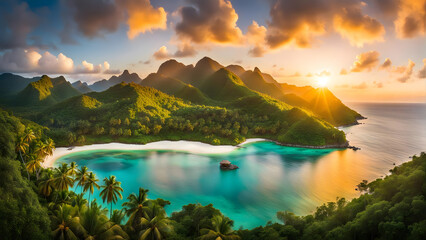 sunrise over a tropical island - generative ai