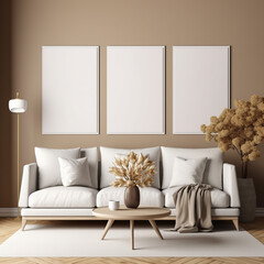 Mock up poster frame in modern interior background, living room, Minimal design, AI generative, illustration
