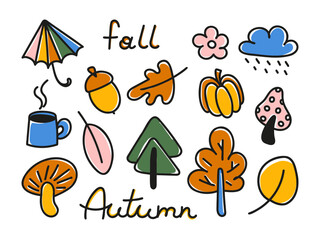 Autumn doodle set. Childish fall symbols, leaves, mushrooms, cloud, umbrella, trees, pumpkin, acorn. Abstract colorful clip art. Vector illustration isolated on white background
