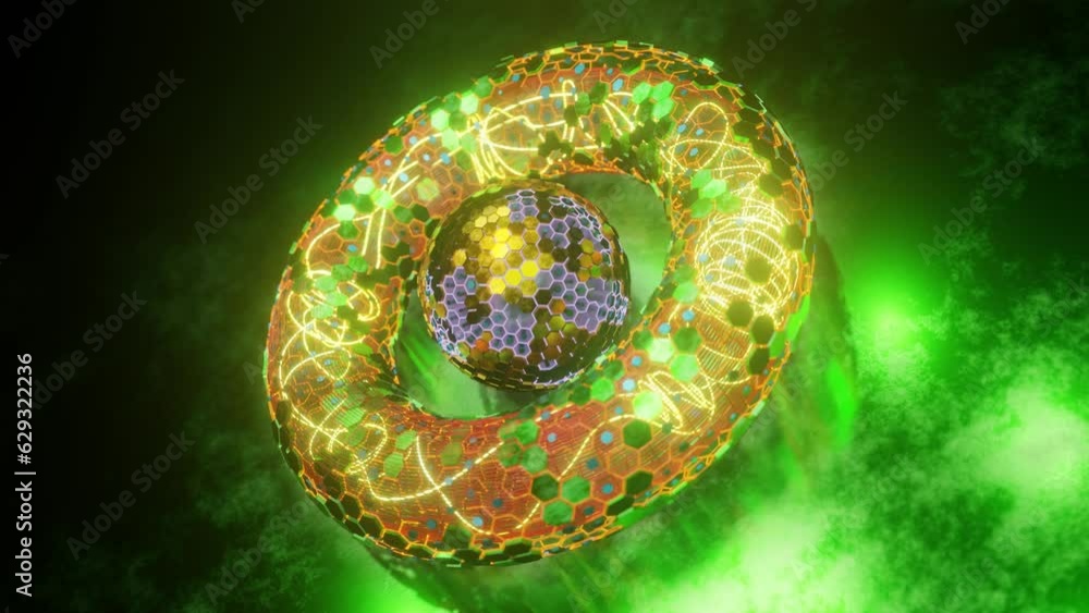 Poster loop 3d animation. abstract geometric figure of a set of hexagons. a torus of metal segments and a s