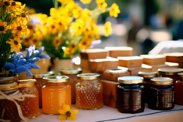 Honey in glass jars on the counter. Selling delicious and healthy product.