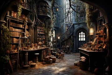 Fototapeta na wymiar photo backdrop of a mystical castle - magical fantasy universe - old alchemy - old books, wooden shelves, roots hanging from the seeling, small lights and lanterns - generative ai