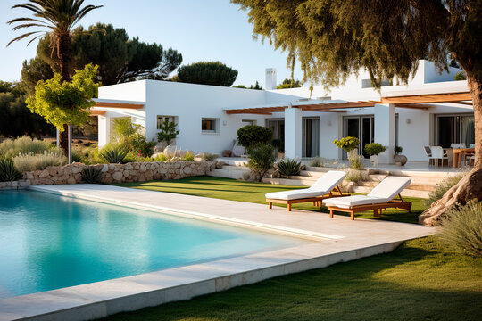 A luxury modern white house with swimming pool. Sunbed on sundeck for vacation home or hotel