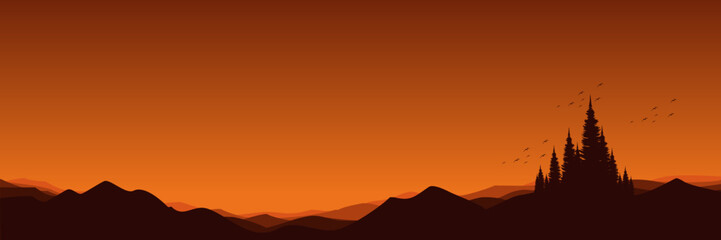 sunrise mountain scenery panorama with pine tree silhouette vector illustration good for wallpaper, backdrop, background, web banner, and design template