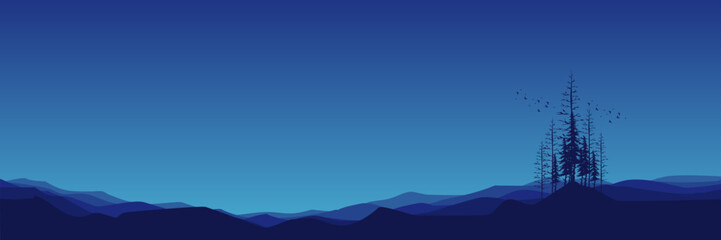 sunrise mountain scenery panorama with pine tree silhouette vector illustration good for wallpaper, backdrop, background, web banner, and design template