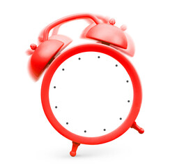 a ringing red alarm clock with a blank dial on a white isolated background