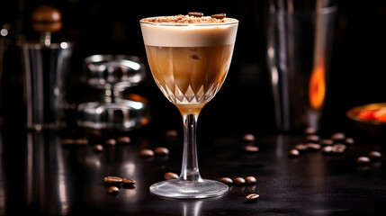 Fototapeta Rattlesnake alcoholic cocktail drink with coffee and cocoa liquor, irish cream, ground coffee and ice in glass, dark bar counter background, bar tools and bottles obraz