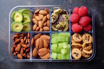 Healthy Snack Healthy snack in plastic box with fruits and nuts. Top view