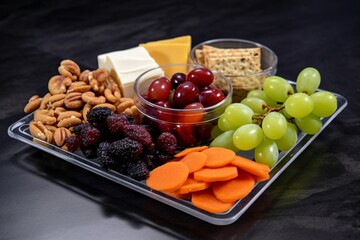 Healthy Snack. Healthy food selection including nuts, grapes, fruits and cheese.
