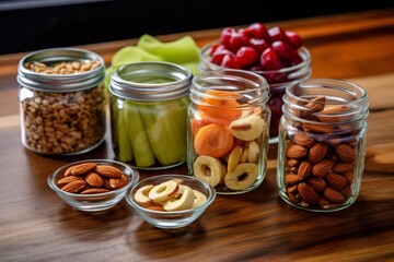 Healthy Snack Healthy eating, dieting, vegetarian food and nutrition concept - close up of different fruits and nuts in glass jars on wooden table